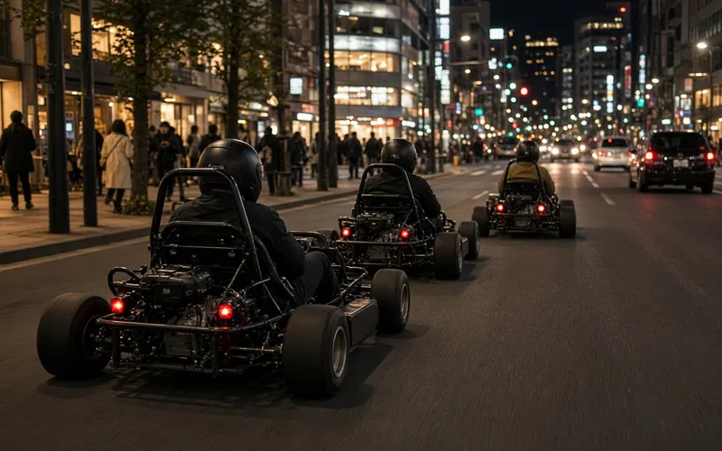 Night street-kart convoy — photograph by Original image created for this site