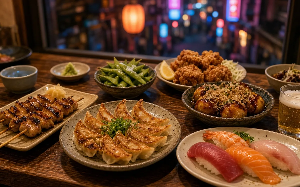 Izakaya dishes and drinks at a Tokyo neighbourhood bar